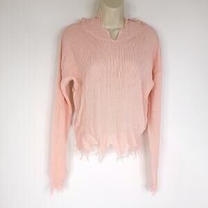 Runway 7 Womens M Pink Cropped Hoodie Sweater Knit Raw Hem Pullover NWT